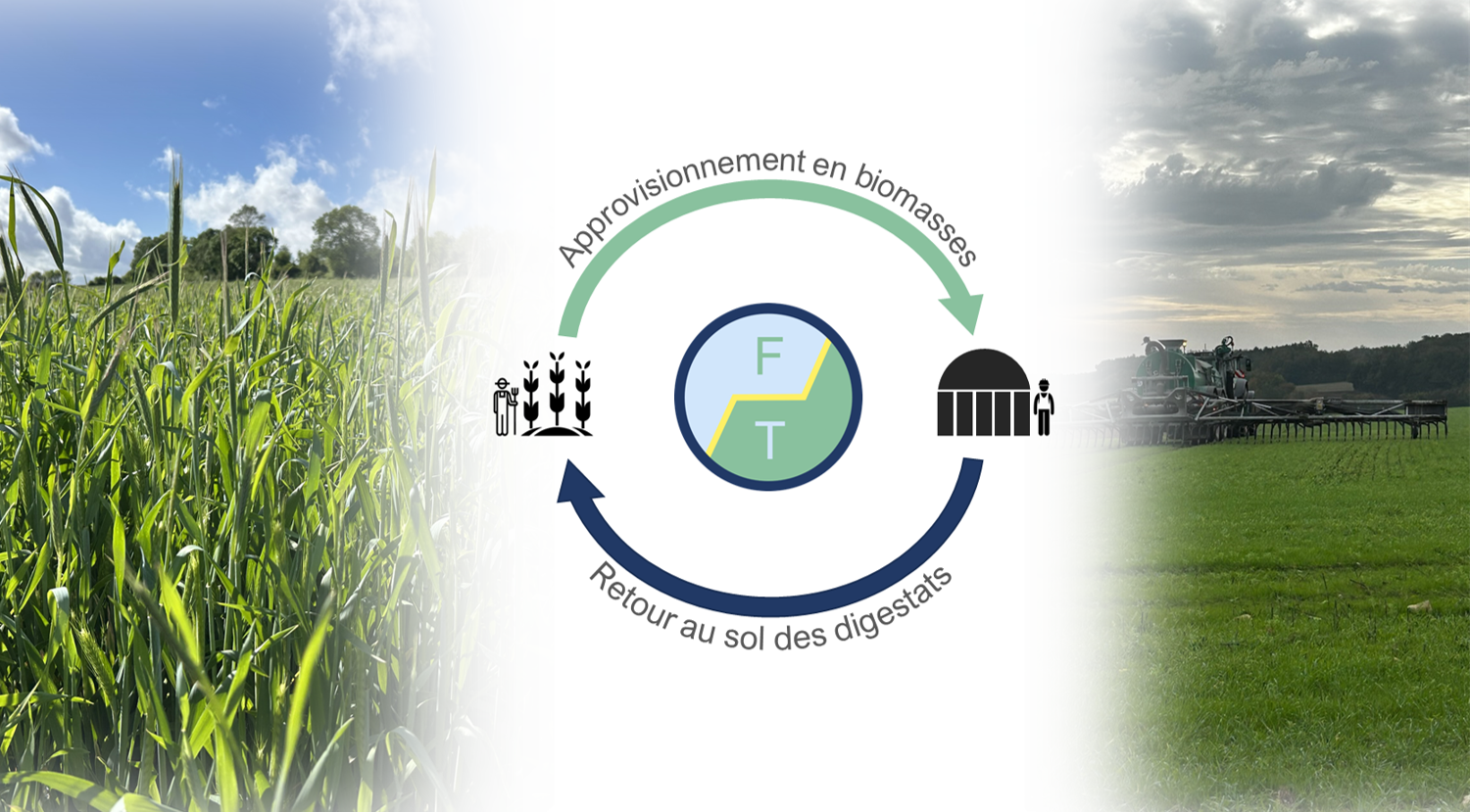 Cycle : approvisionnement en biomasses des exploitations agricoles vers le méthaniseur, et retour au sol des digestats vers les exploitations